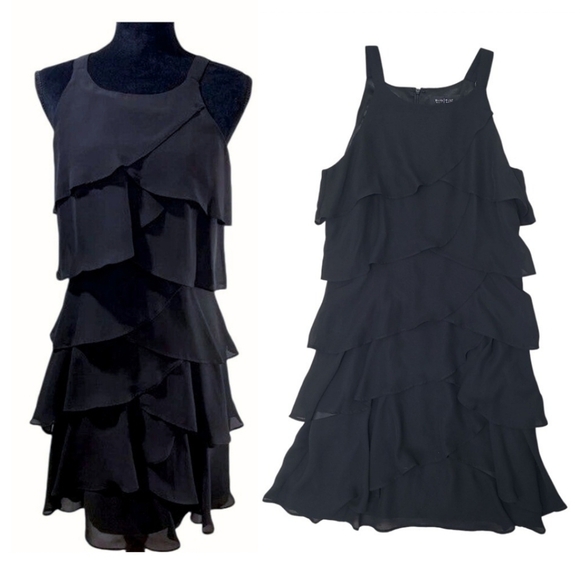 White House Black Market Chiffon Ruffled Tiered Black Cocktail Dress Size 6 - Picture 7 of 8